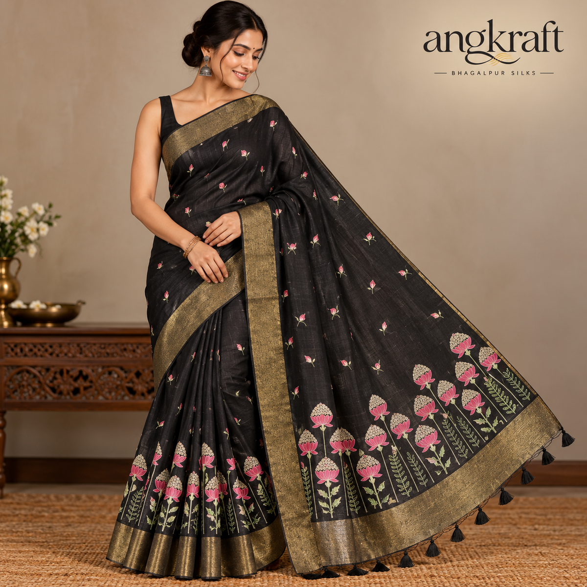 Embroidered Bhagalpuri Tussar Silk Saree-Black