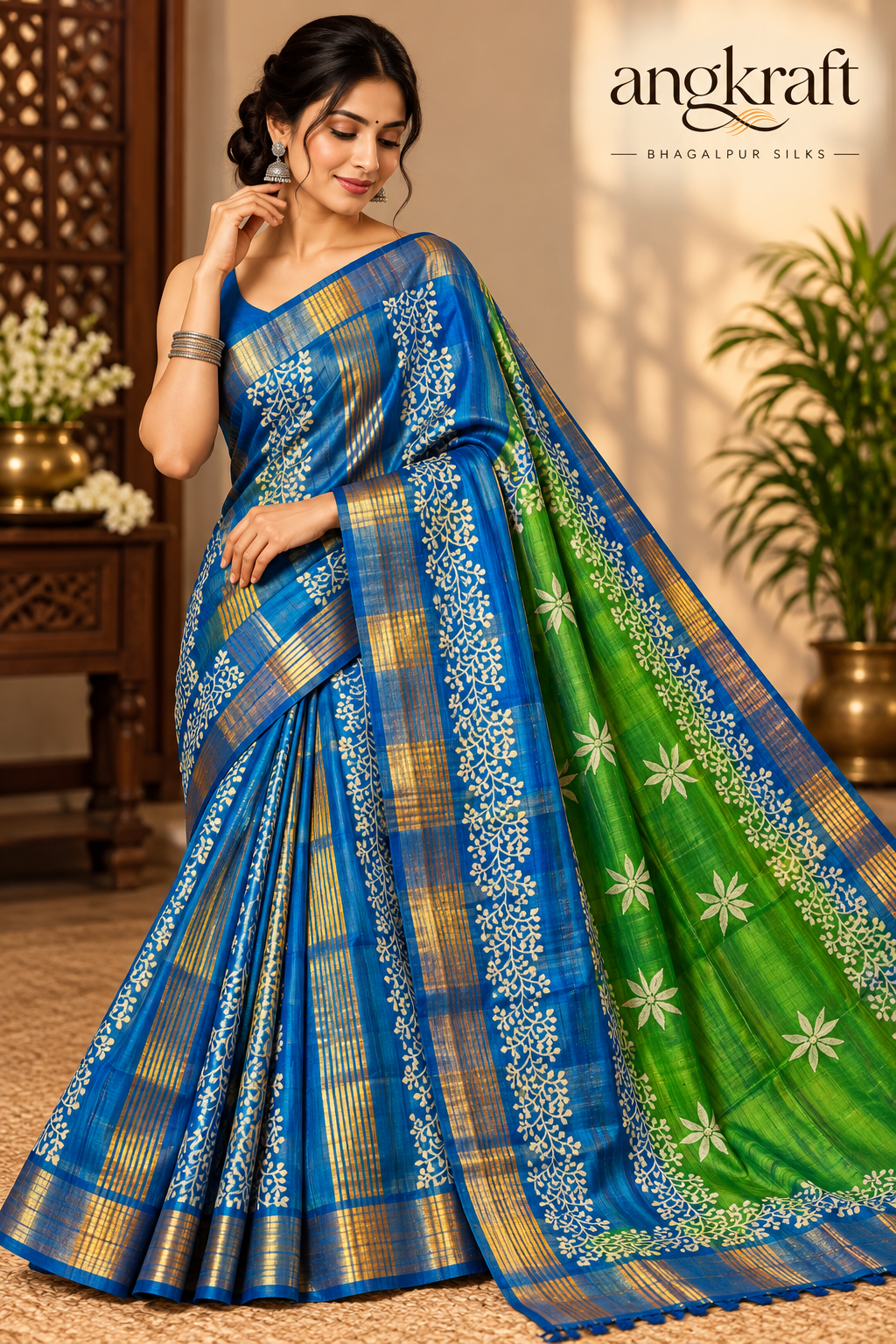 Handwoven Bhagalpuri Tussar Ghicha Silk Saree-Royal Blue and Green