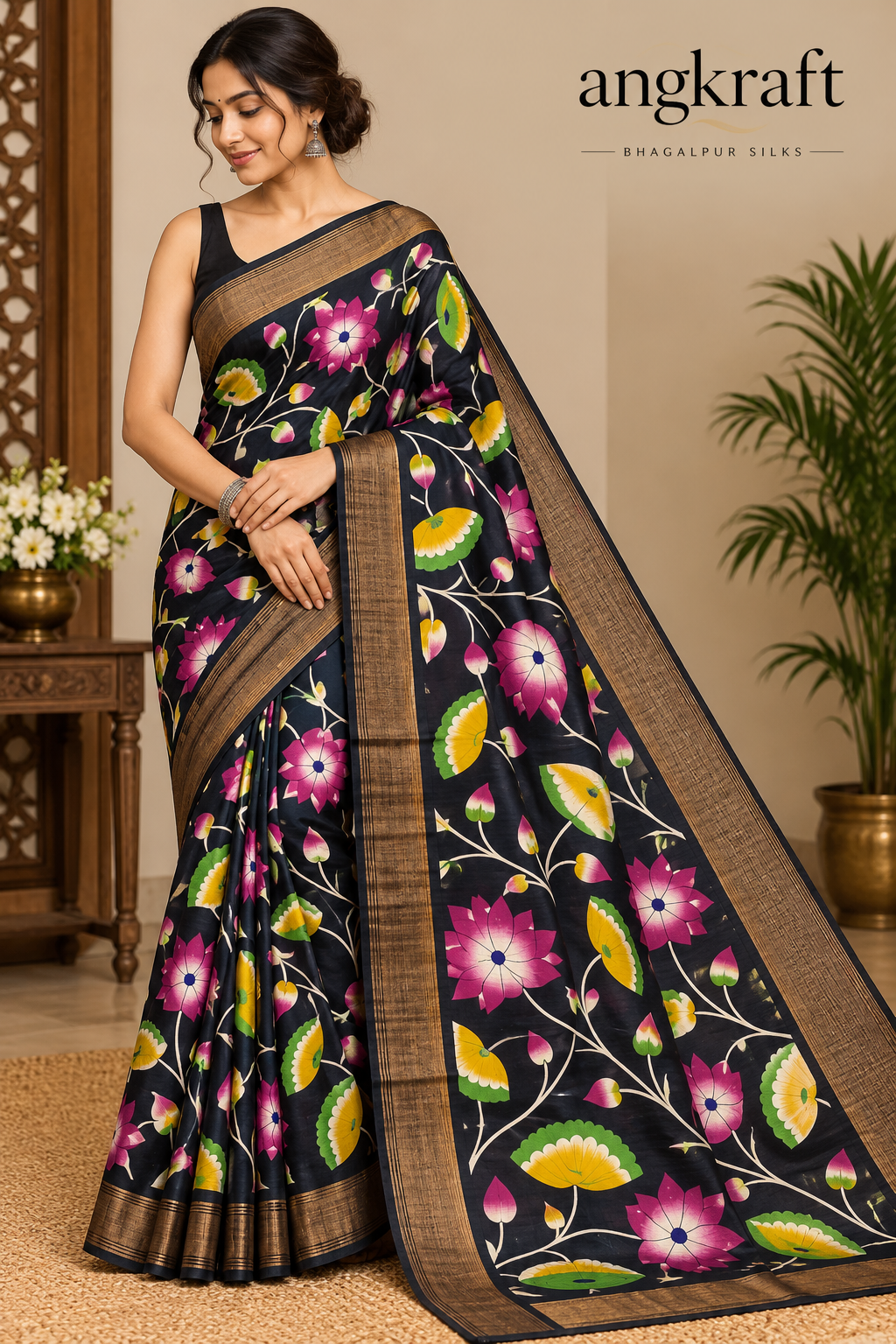 Handwoven Screenprinted Bhagalpuri Tussar Ghicha Silk Saree