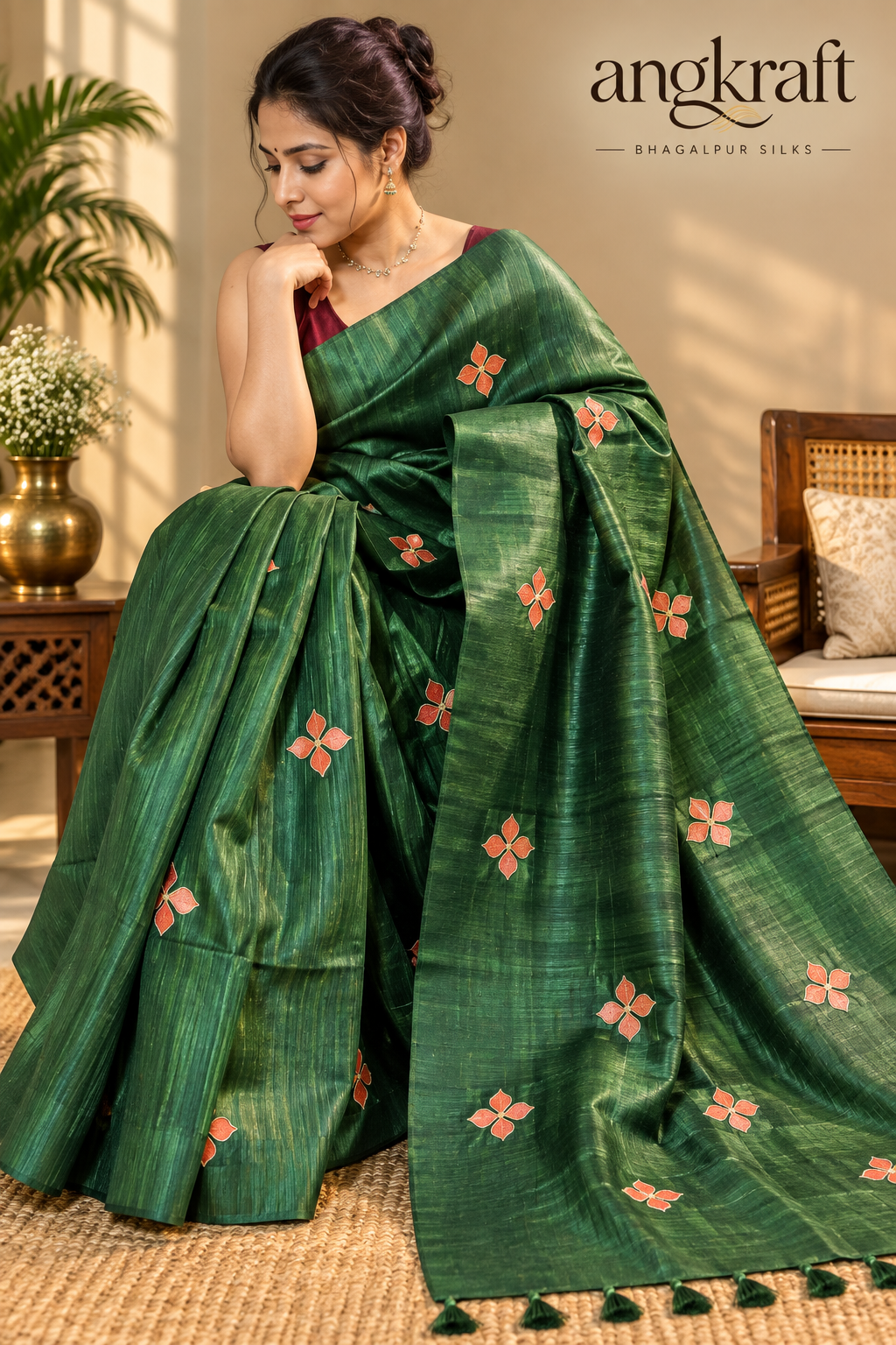Handwoven Embroidered Bhagalpuri Tussar Ghicha Silk Saree-Elegant Green