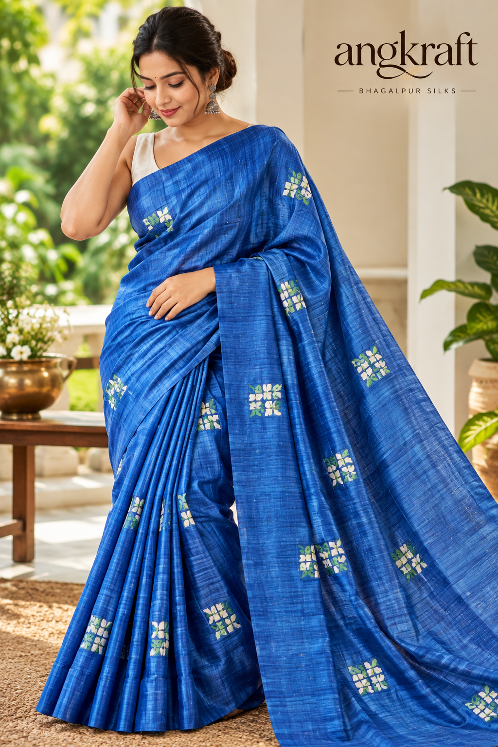 Handwoven Embroidered Bhagalpuri Tussar Ghicha Silk Saree-Royal Blue