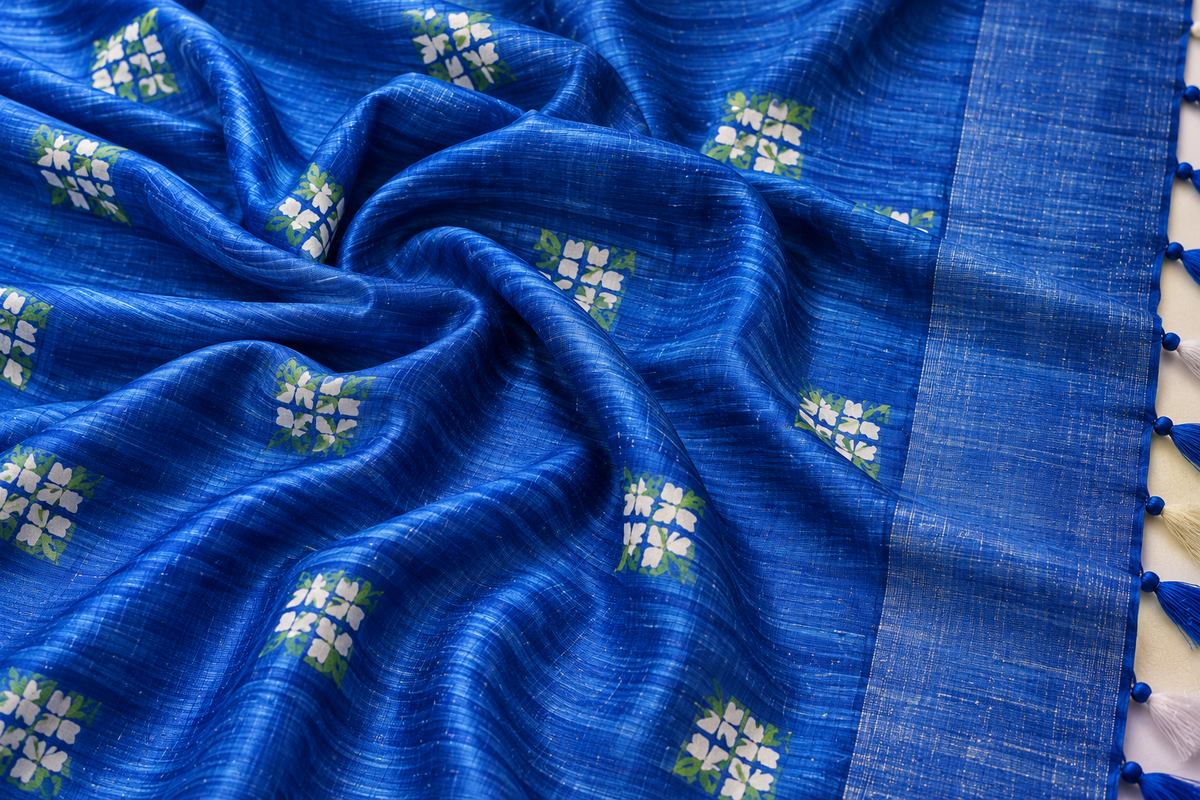 Handwoven Embroidered Bhagalpuri Tussar Ghicha Silk Saree-Royal Blue