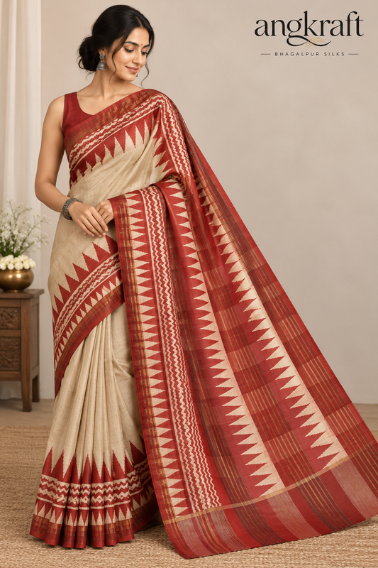 Handwoven Screenprinted Tussar Ghicha Silk Saree