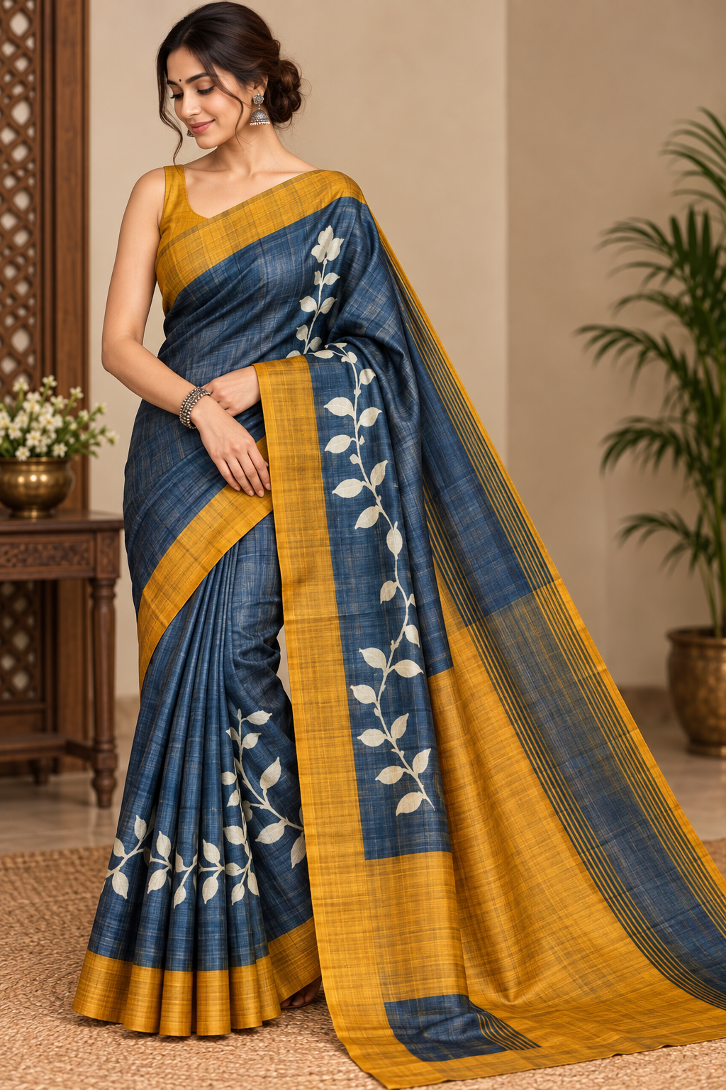 Handwoven Screenprinted Bhagalpuri Tussar Ghicha Silk Saree