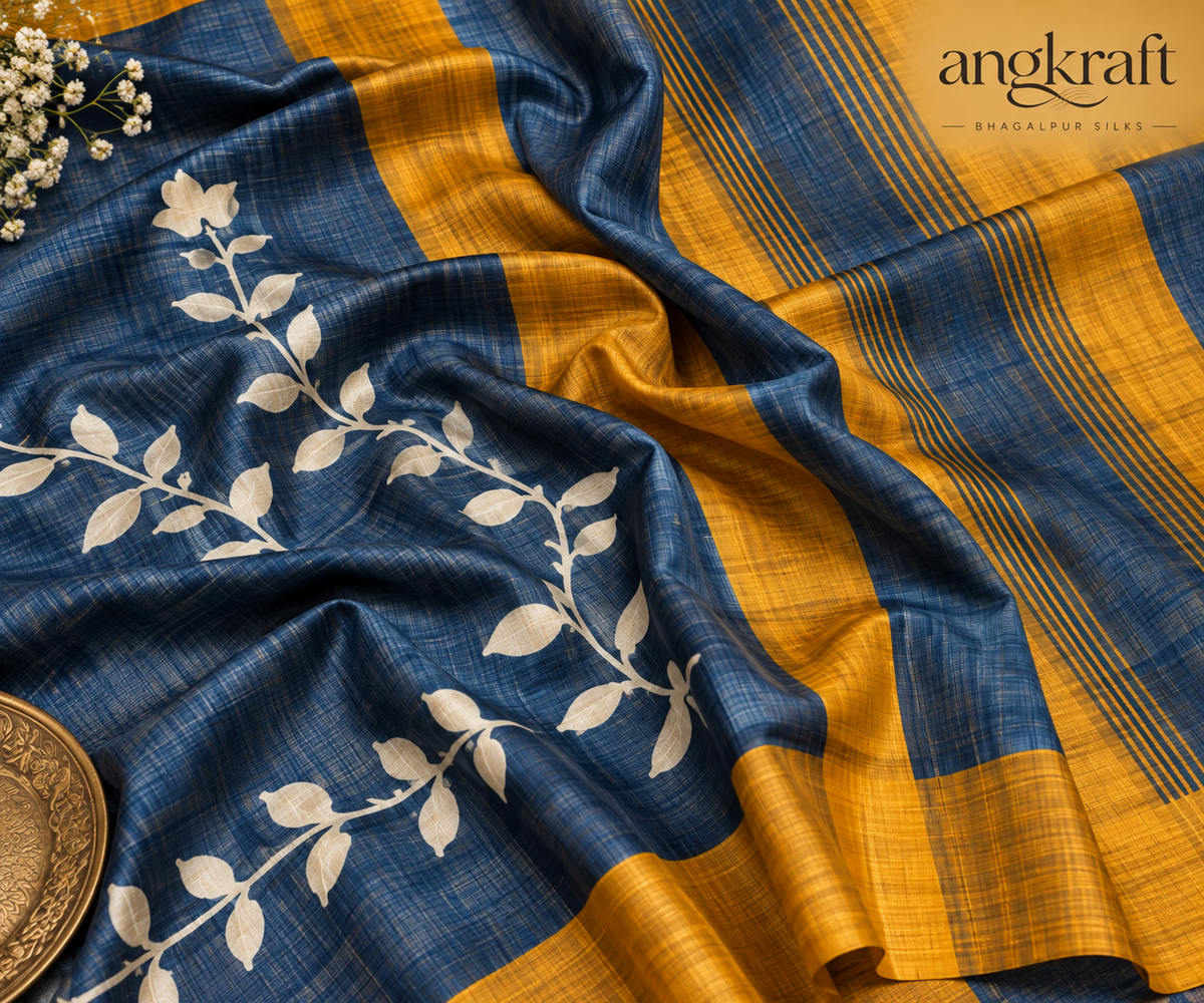 Handwoven Screenprinted Bhagalpuri Tussar Ghicha Silk Saree