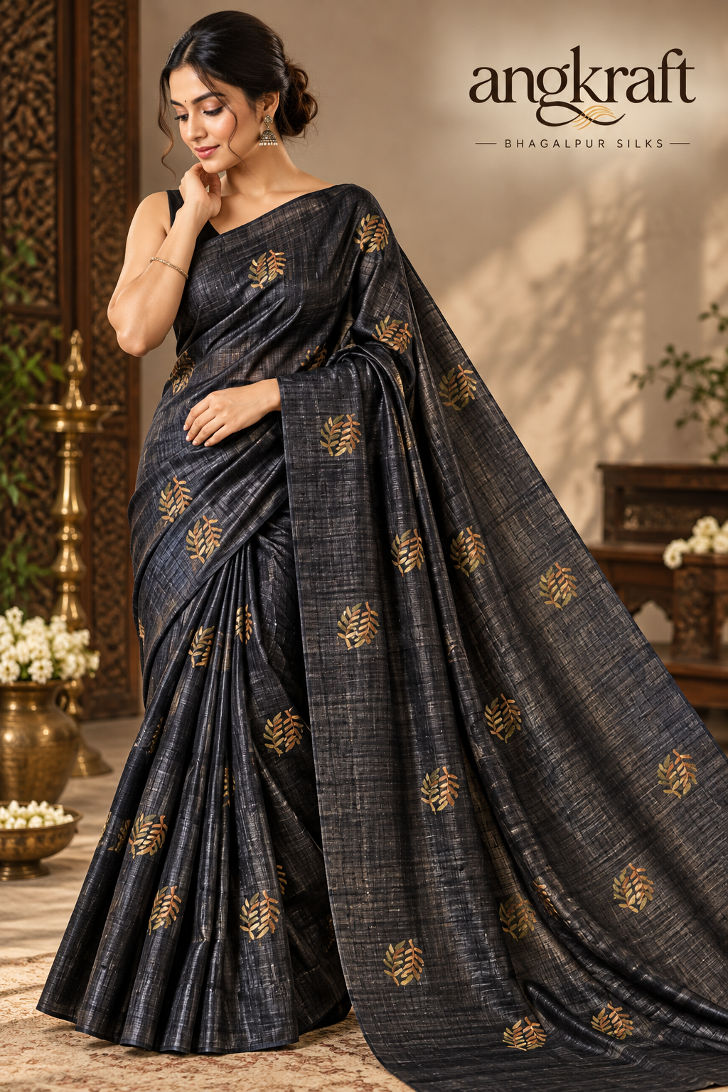 Handwoven Embroidered Bhagalpuri Tussar Ghicha Silk Saree-Charcoal Black and Golden Leaf