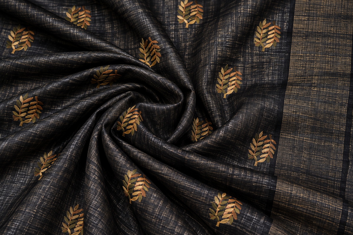 Handwoven Embroidered Bhagalpuri Tussar Ghicha Silk Saree-Charcoal Black and Golden Leaf