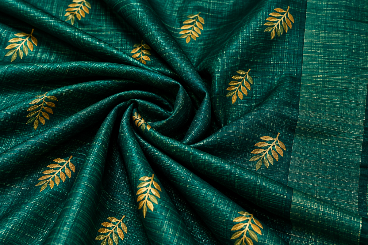 Handwoven Embroidered Bhagalpuri Tussar Ghicha Silk Saree-Dark Green
