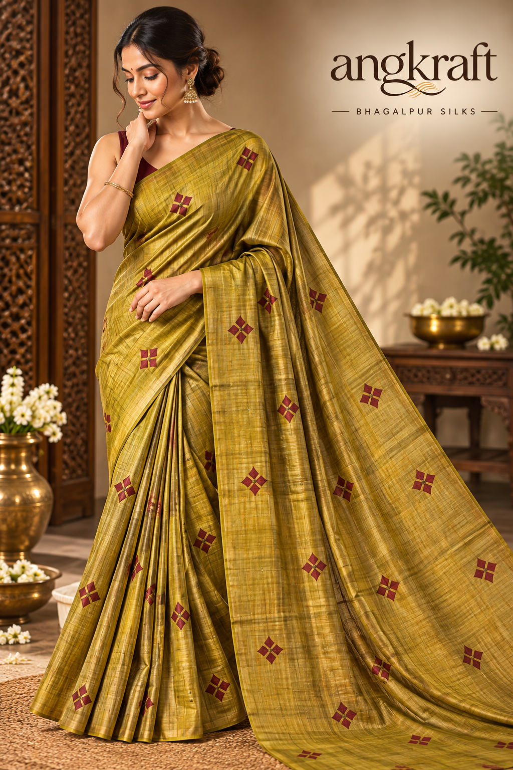 Handwoven Embroidered Bhagalpuri Tussar Ghicha Silk Saree-Mustard Gold