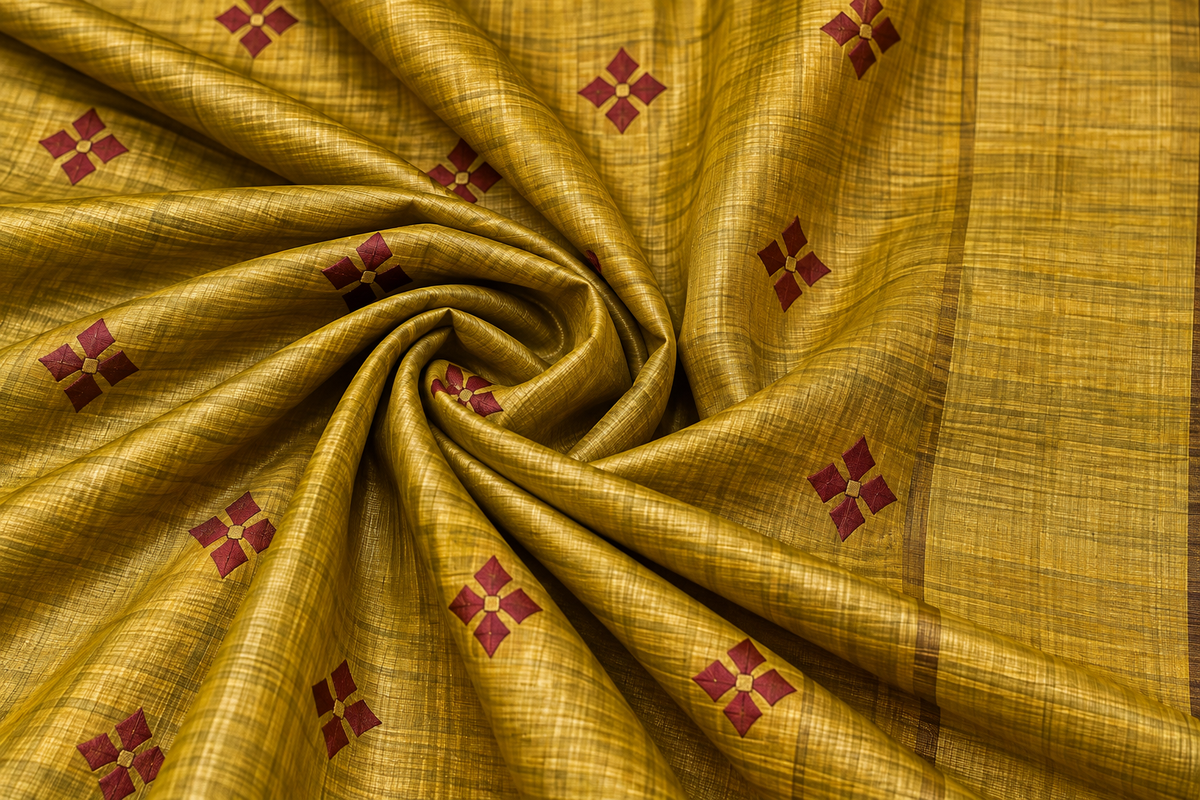 Handwoven Embroidered Bhagalpuri Tussar Ghicha Silk Saree-Mustard Gold