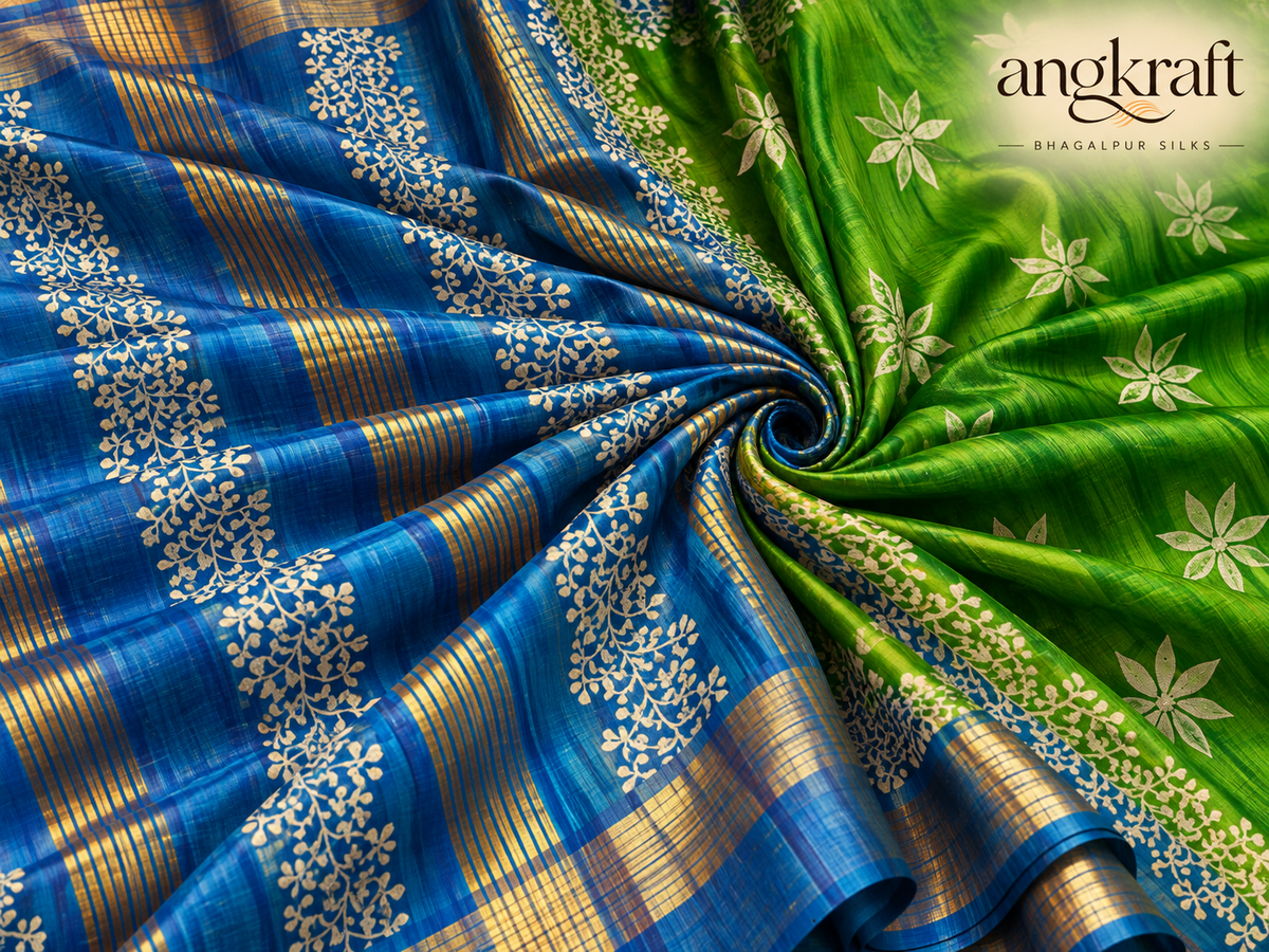 Handwoven Bhagalpuri Tussar Ghicha Silk Saree-Royal Blue and Green