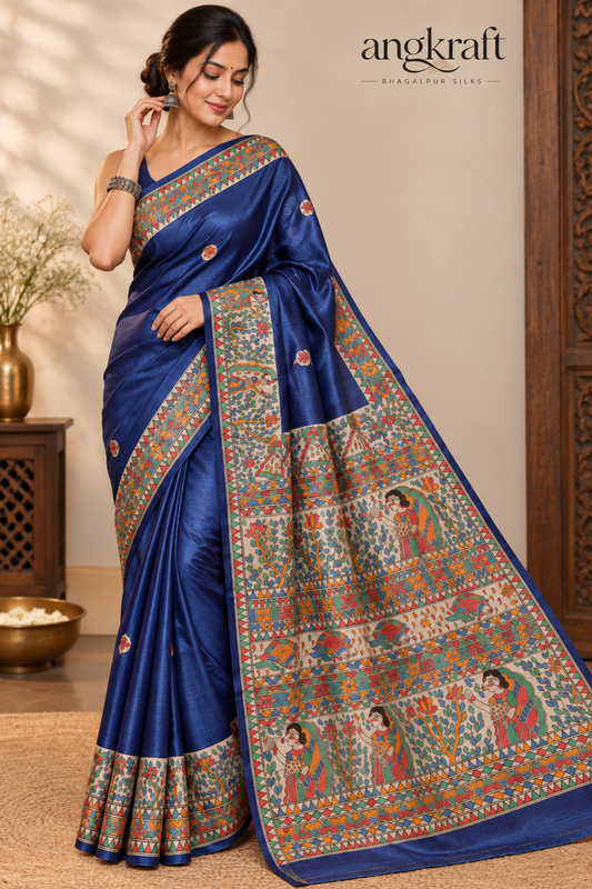 Handwoven Hand Painted Madhubani Tussar Ghicha Silk Saree-Blue