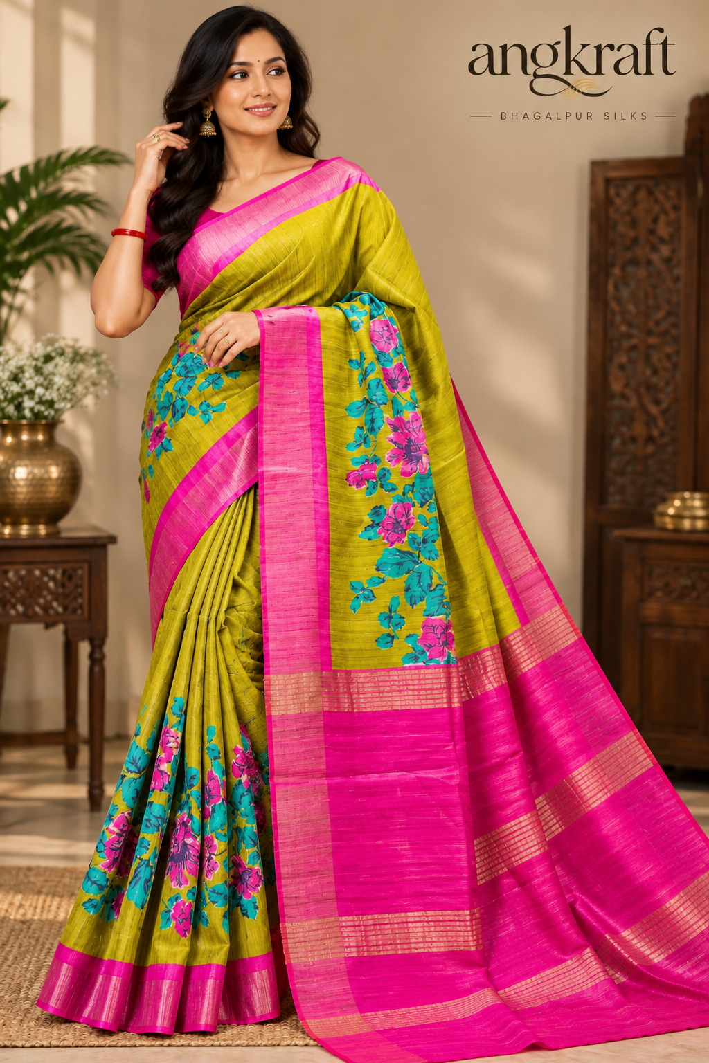 Handwoven Bhagalpuri Tussar Ghicha Silk Saree-Lime Green Floral