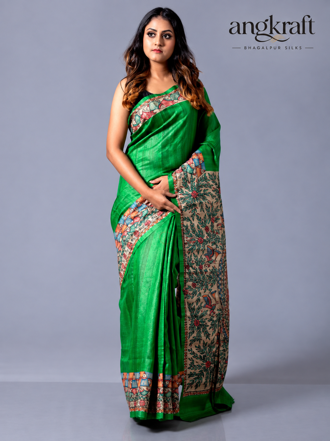 Handwoven Hand Painted Madhubani Tussar Ghicha Silk Saree-Green