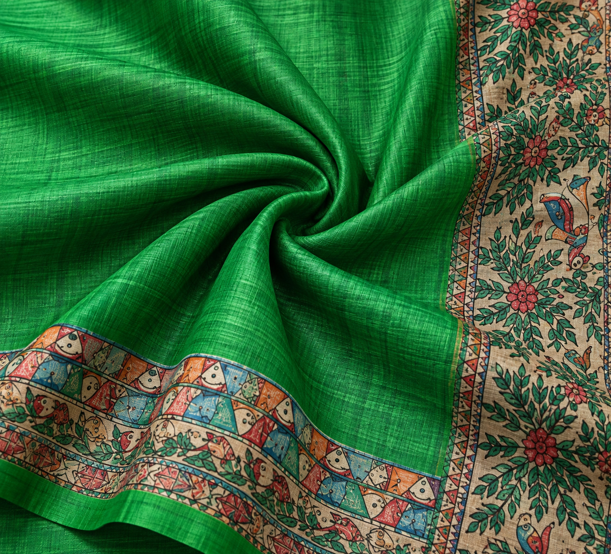 Handwoven Hand Painted Madhubani Tussar Ghicha Silk Saree-Green