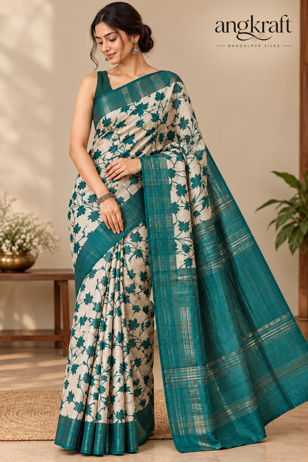 Handwoven Screenprinted Tussar Ghicha Silk Saree-Teal Floral