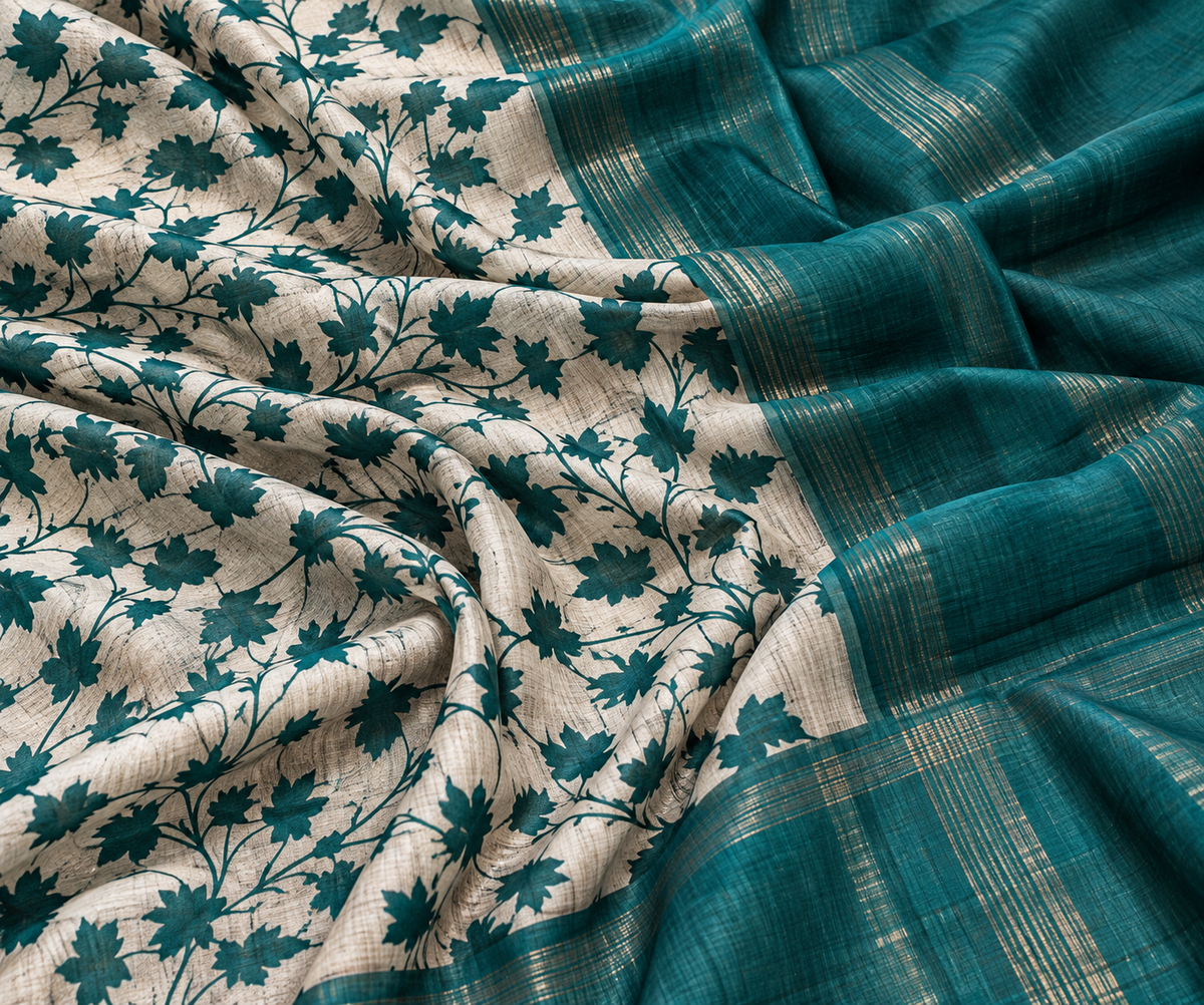 Handwoven Screenprinted Tussar Ghicha Silk Saree-Teal Floral