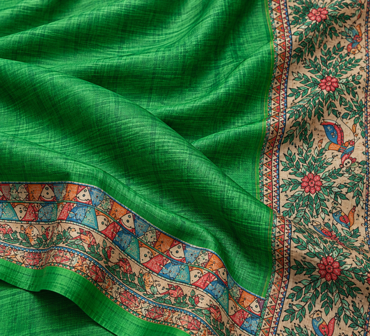 Handwoven Hand Painted Madhubani Tussar Ghicha Silk Saree-Green