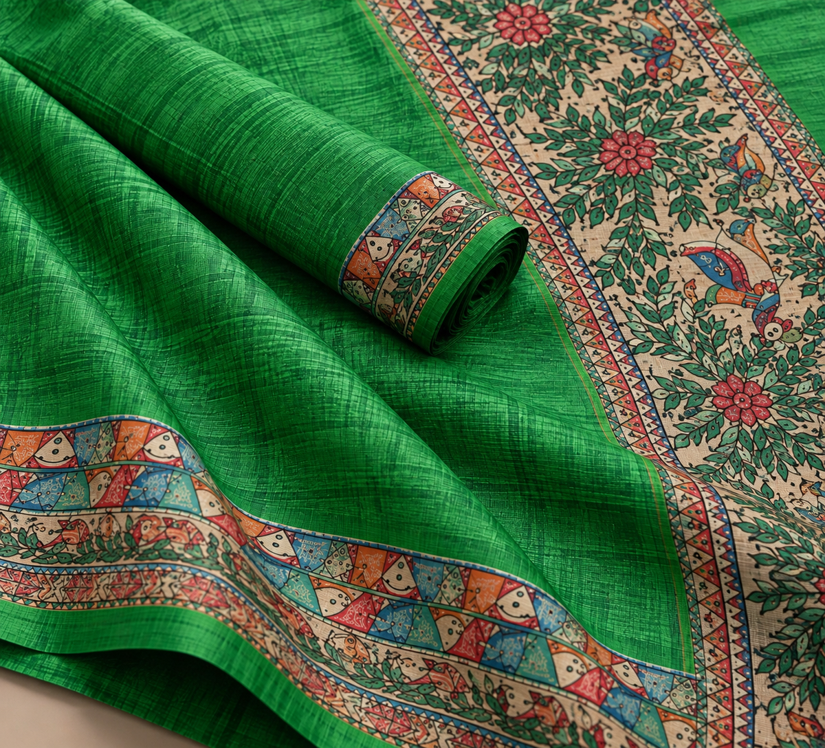 Handwoven Hand Painted Madhubani Tussar Ghicha Silk Saree-Green