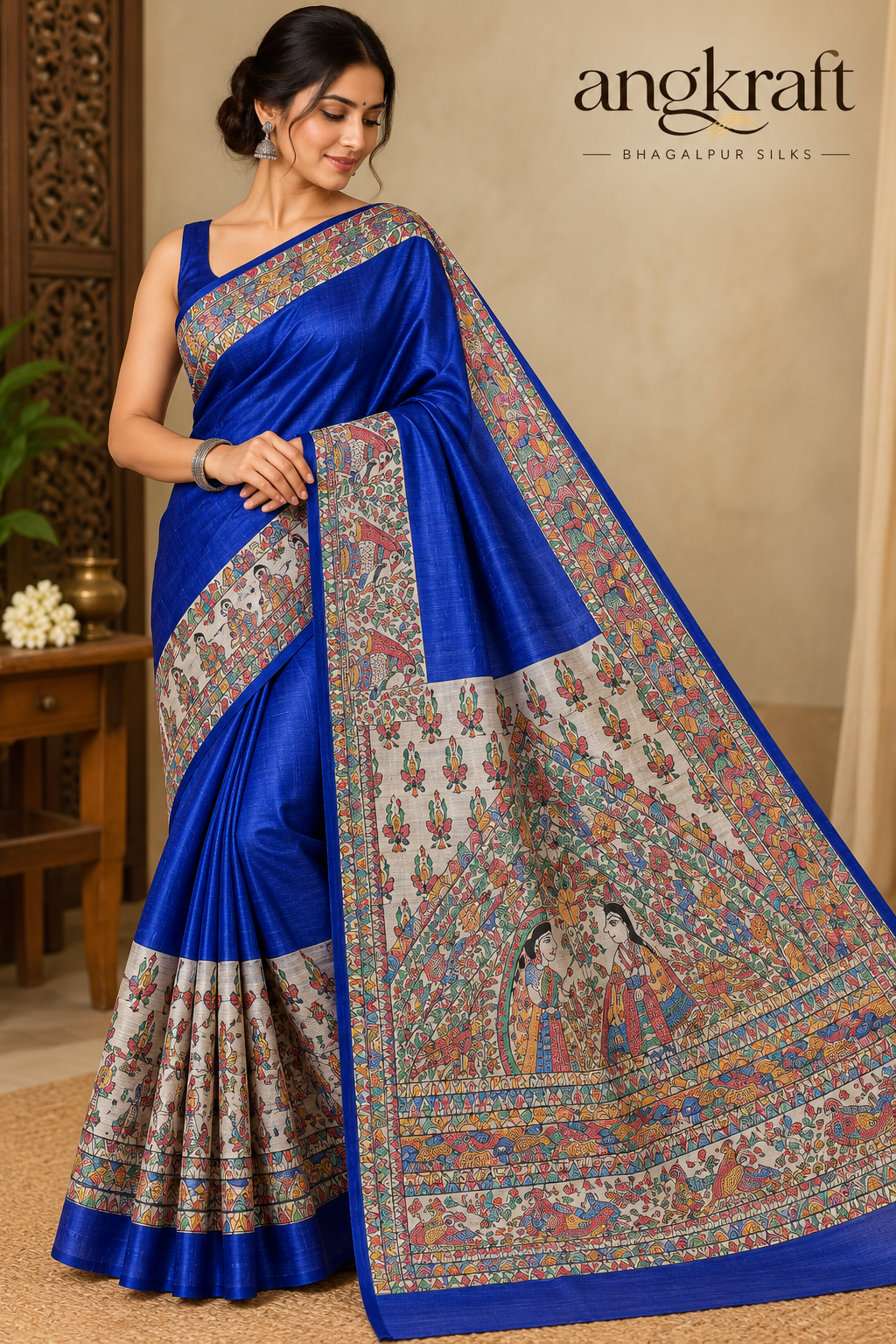 Handwoven Handpainted Madhubani Bhagalpuri Tussar Ghicha Silk Saree-Blue