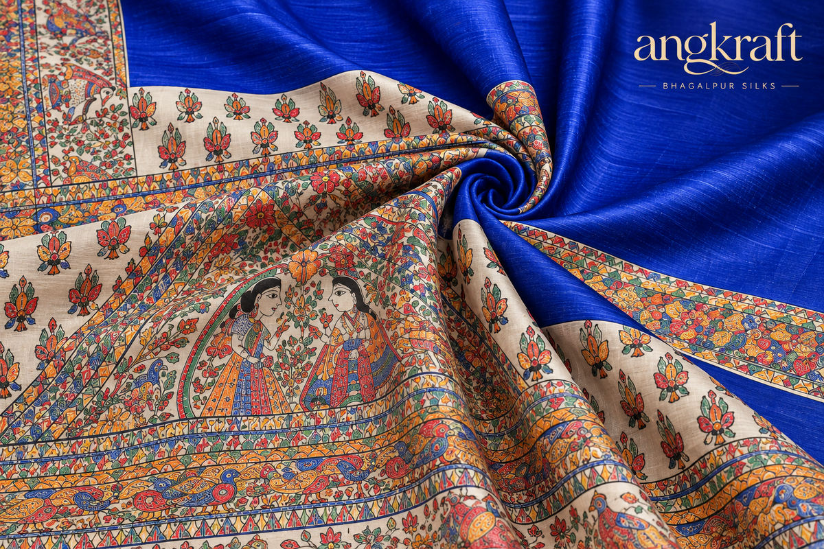 Handwoven Handpainted Madhubani Bhagalpuri Tussar Ghicha Silk Saree-Blue