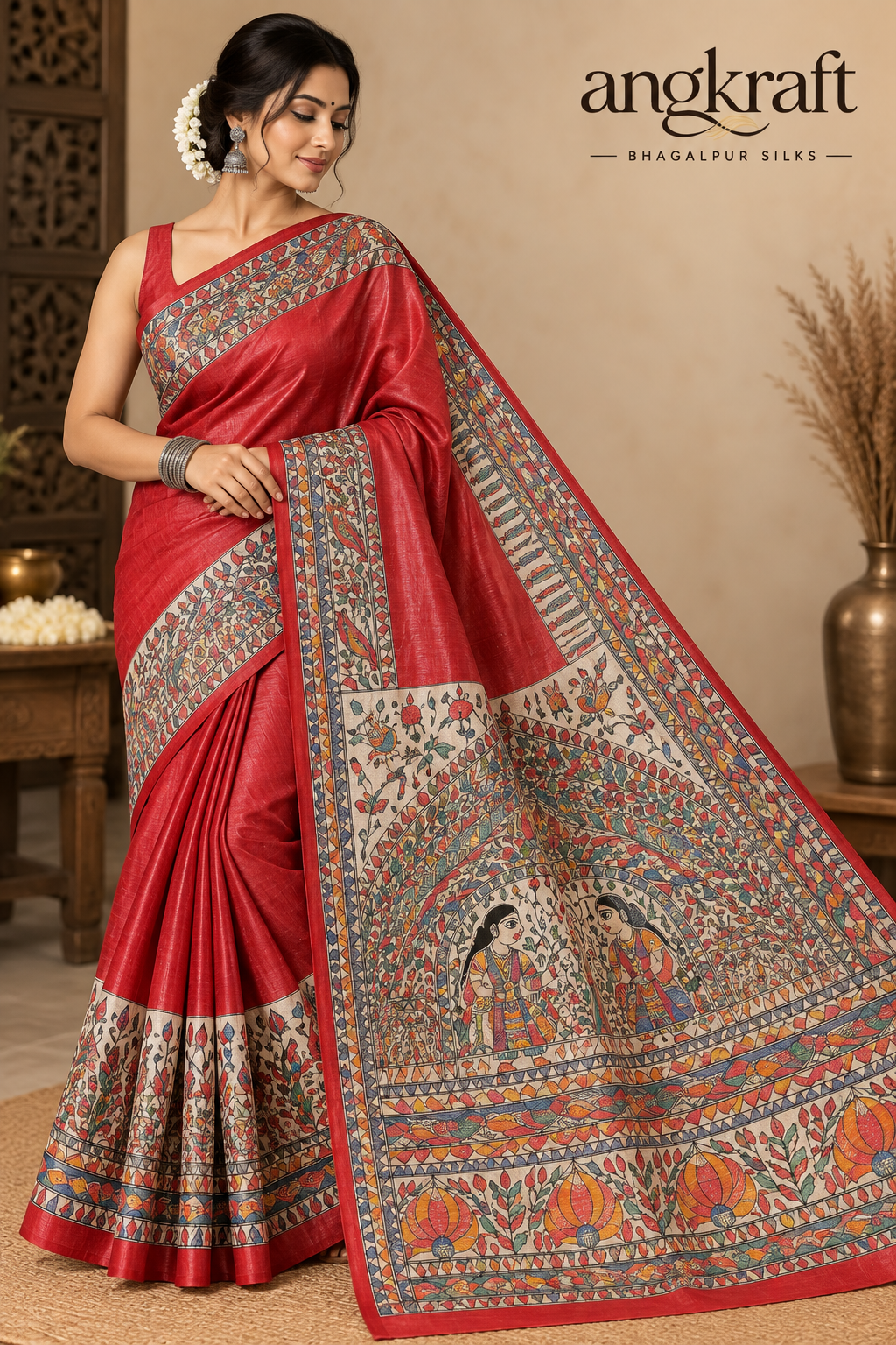 Handwoven Handpainted Madhubani Bhagalpuri Tussar Ghicha Silk Saree-Red
