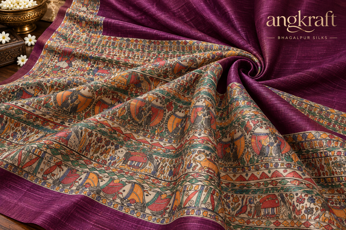 Handwoven Handpainted Madhubani Bhagalpuri Tussar Ghicha Silk Saree-Purple