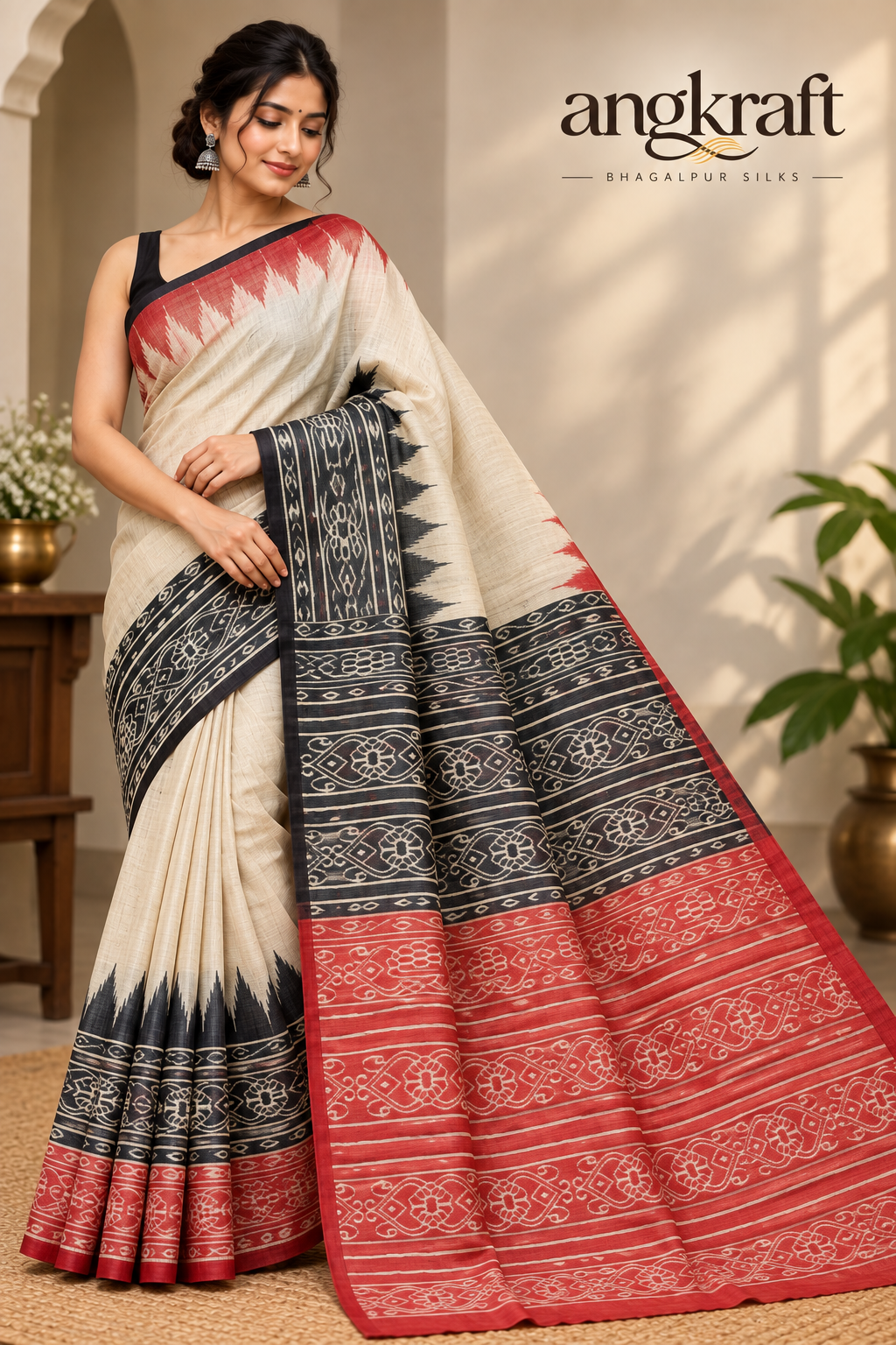 Handwoven Screenprinted Bhagalpuri Tussar Ghicha Silk Saree-Temple Border