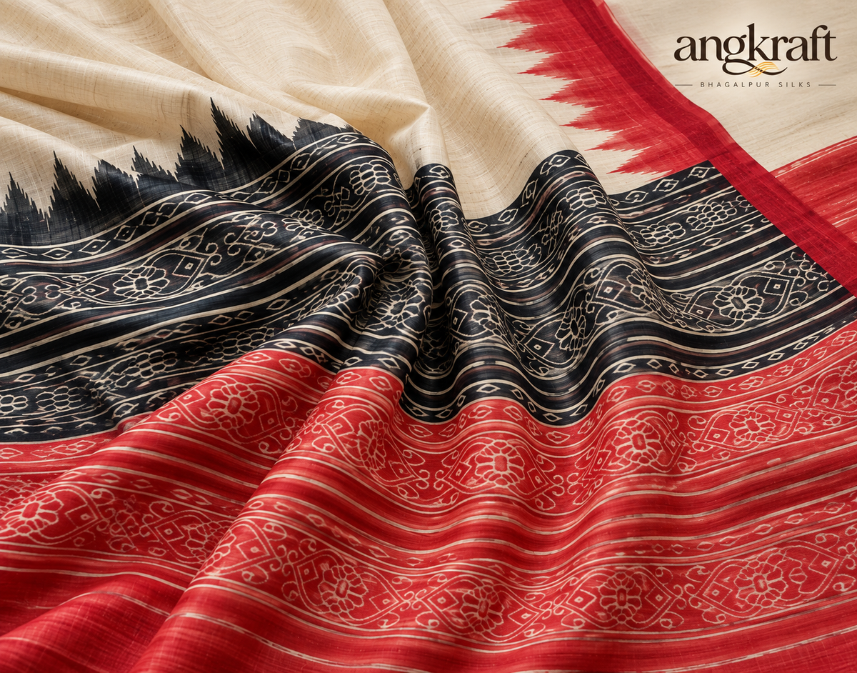 Handwoven Screenprinted Bhagalpuri Tussar Ghicha Silk Saree-Temple Border