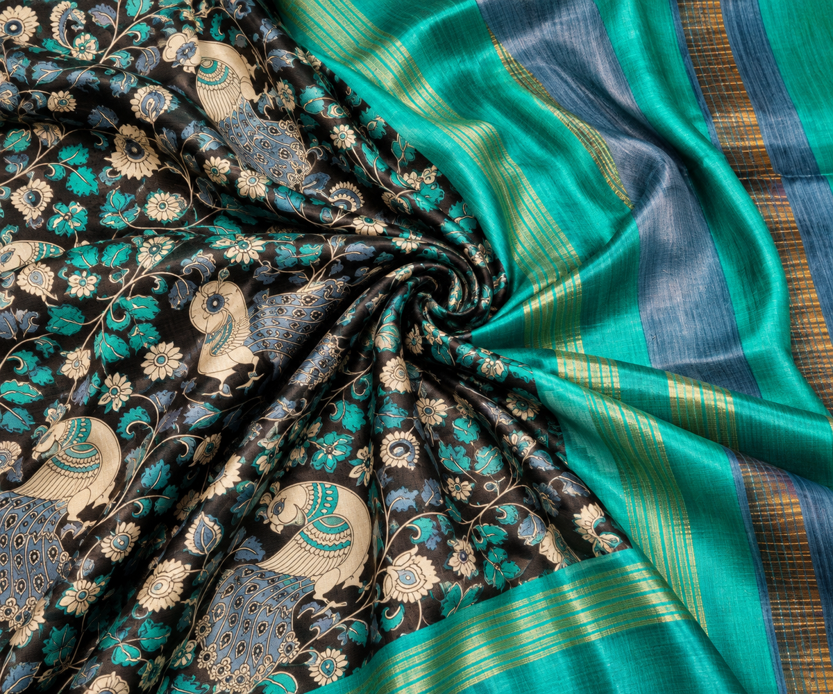 Handwoven Screenprinted Bhagalpuri Tussar Ghicha Silk Saree