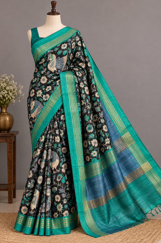 Handwoven Screenprinted Bhagalpuri Tussar Ghicha Silk Saree