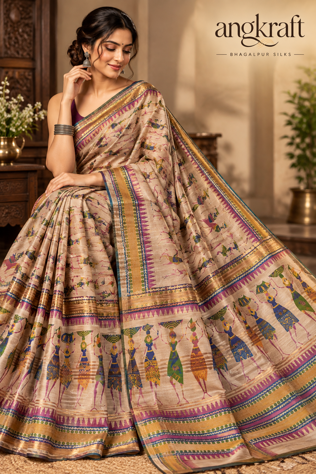 Handwoven Worli Pattern Bhagalpuri Tussar Ghicha Silk Saree