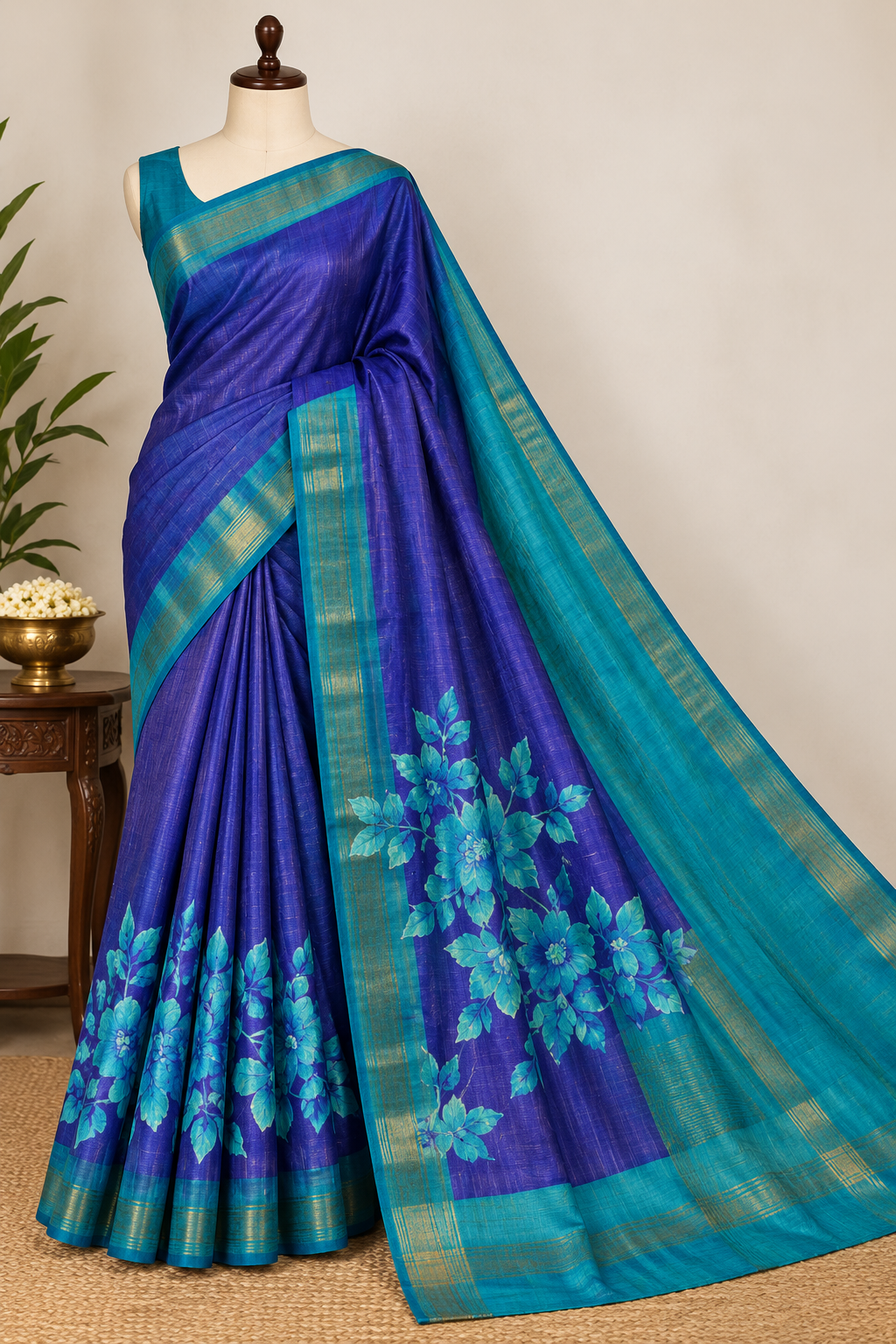 Handwoven Screenprinted Bhagalpuri Tussar Ghicha Silk Saree