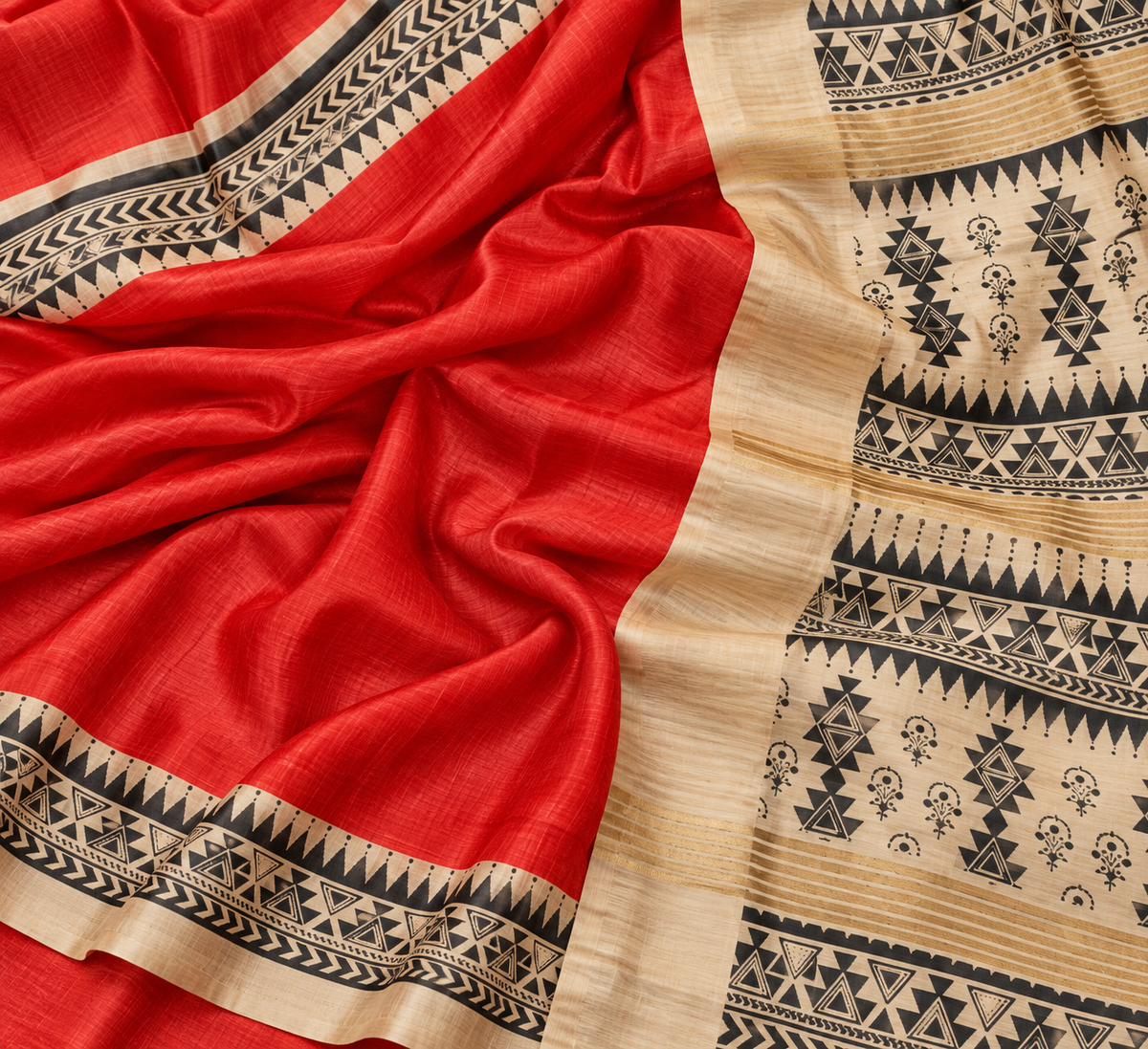 Handwoven Screenprinted Bhagalpuri Tussar Ghicha Silk Saree