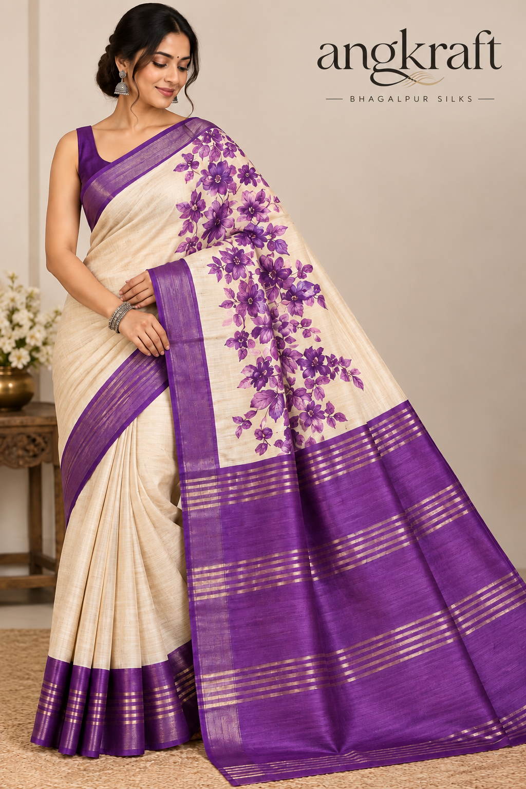 Handwoven Screenprinted Bhagalpuri Tussar Ghicha Silk Saree