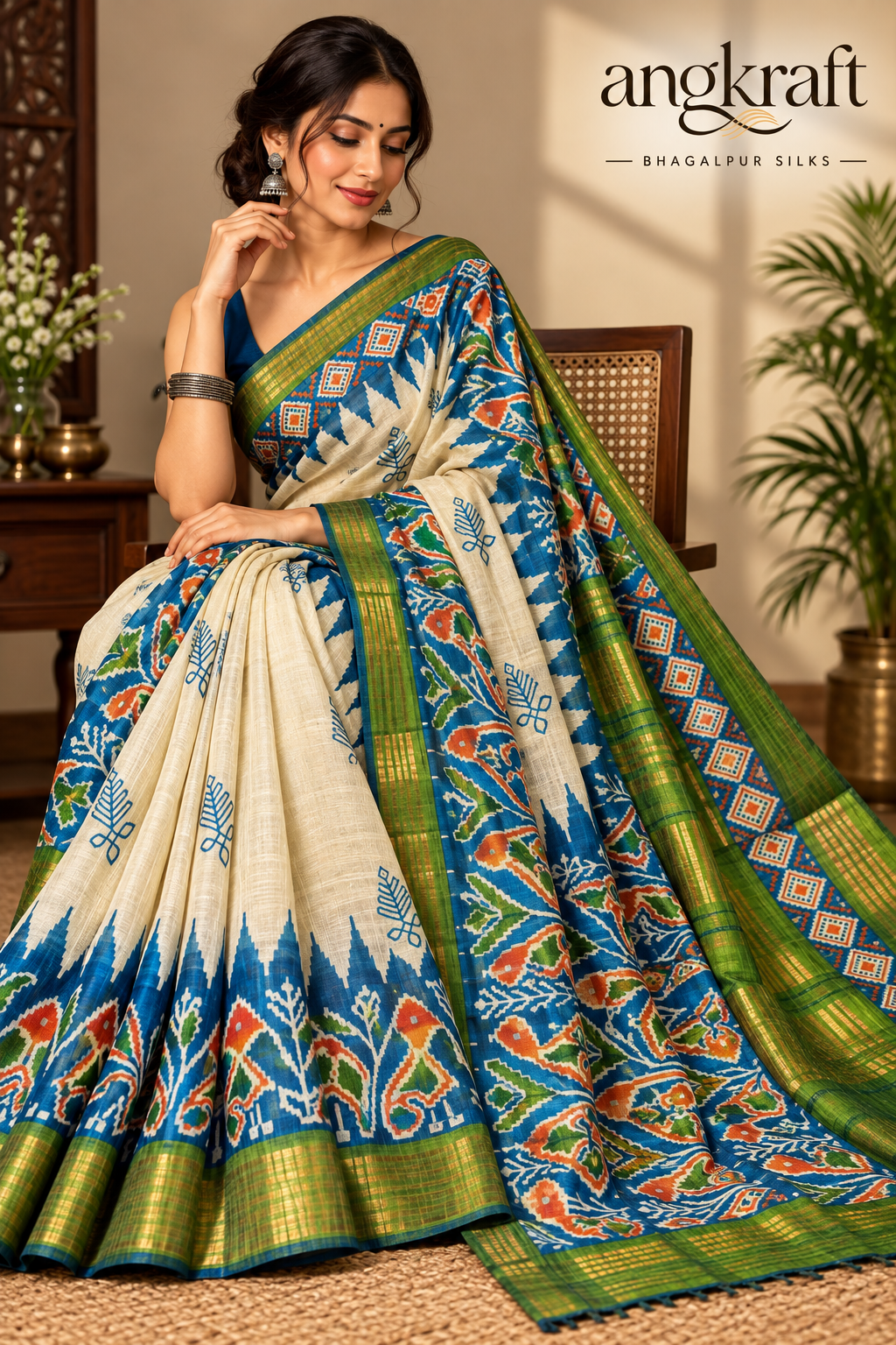 Handwoven Patola Pattern Bhagalpuri Tussar Ghicha Silk Saree