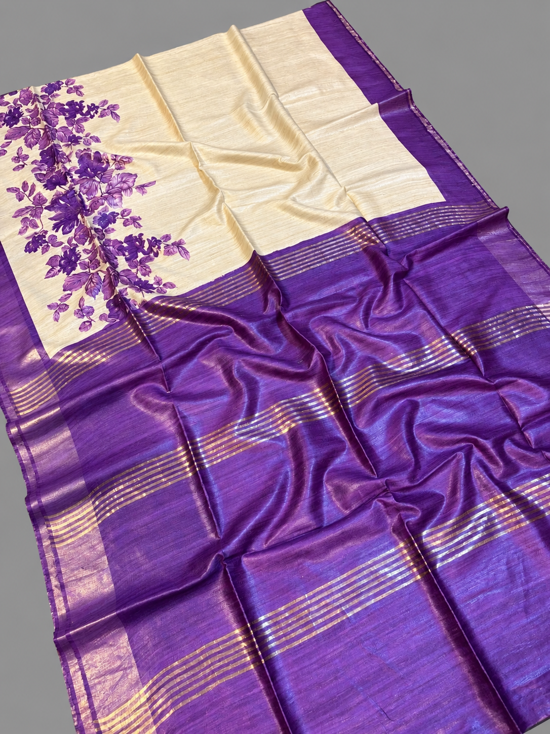 Handwoven Screenprinted Bhagalpuri Tussar Ghicha Silk Saree