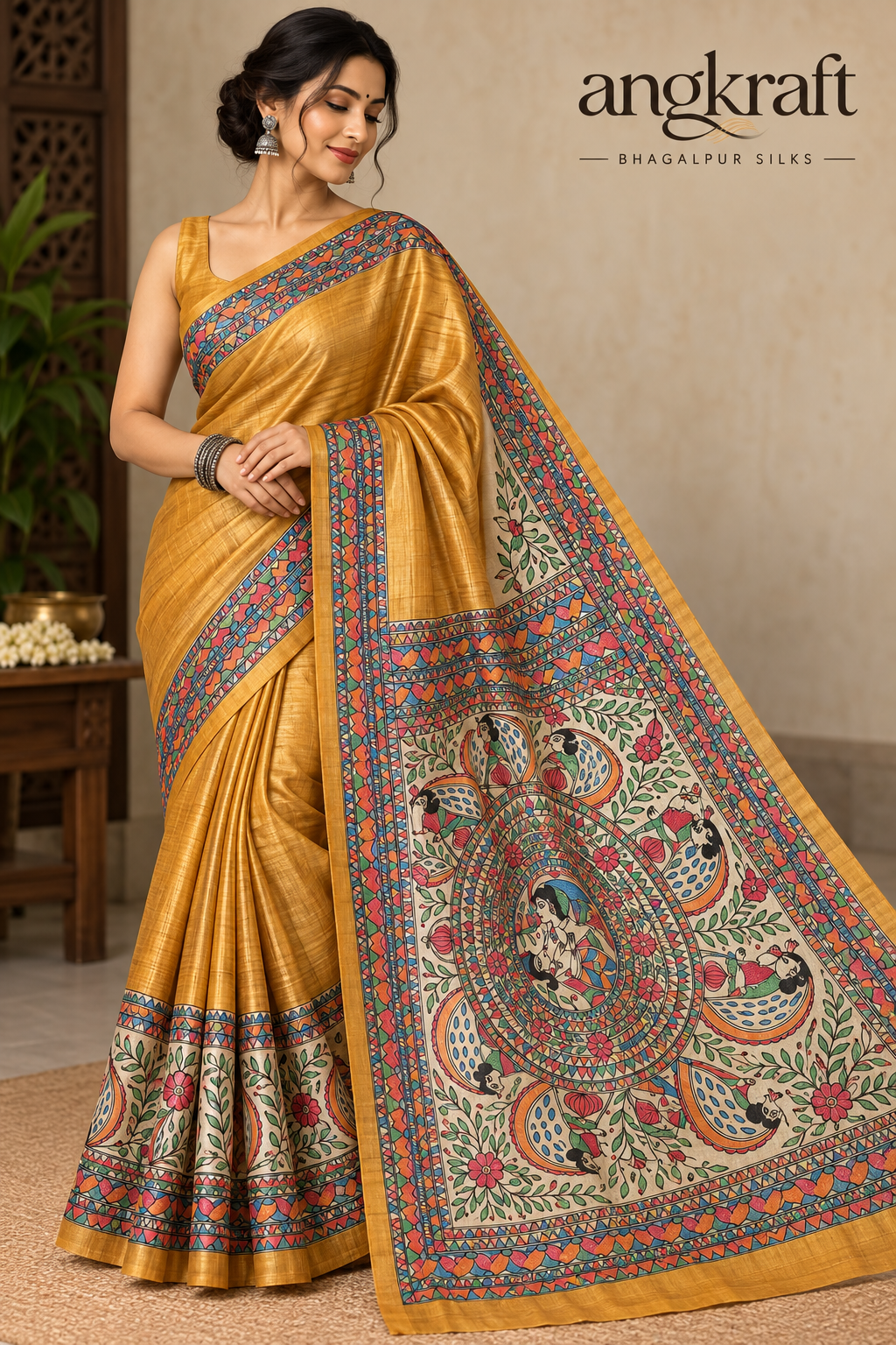 Handwoven Handpainted Madhubani Bhagalpuri Tussar Ghicha Silk Saree-Mustard