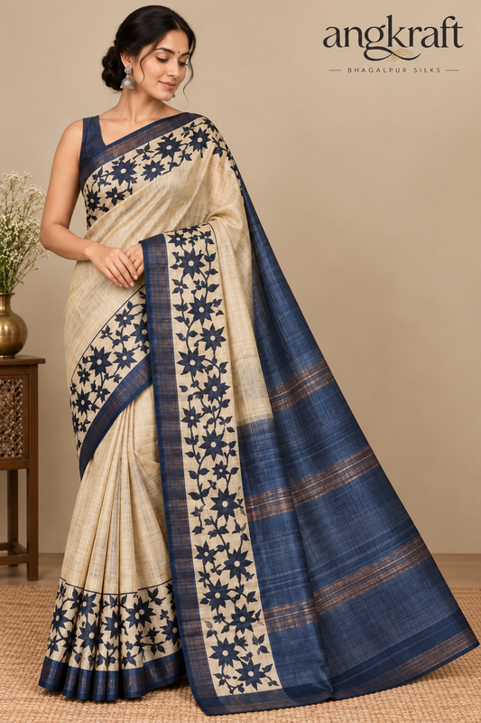 Handwoven Screenprinted Bhagalpuri Tussar Ghicha Silk Saree