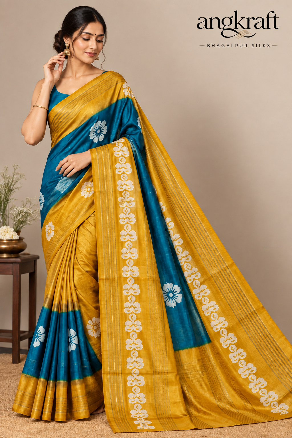 Handwoven Screeprinted Bhagalpuri Tussar Ghicha Silk Saree