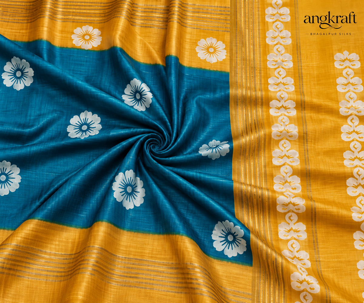 Handwoven Screeprinted Bhagalpuri Tussar Ghicha Silk Saree