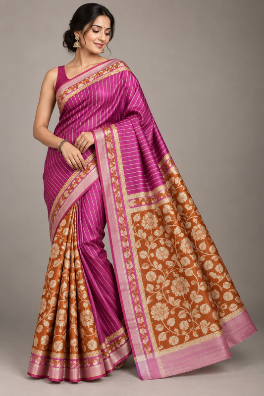 Handwoven Screenprinted Bhagalpuri Tussar Ghicha Silk Saree