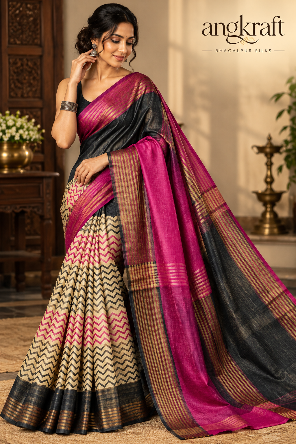 Handwoven Tussar Ghicha Chevron Bhagalpuri Silk Saree