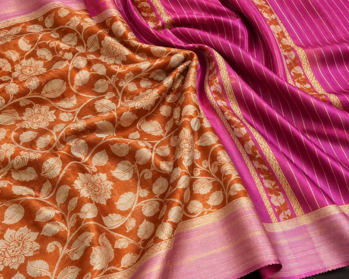 Handwoven Screenprinted Bhagalpuri Tussar Ghicha Silk Saree