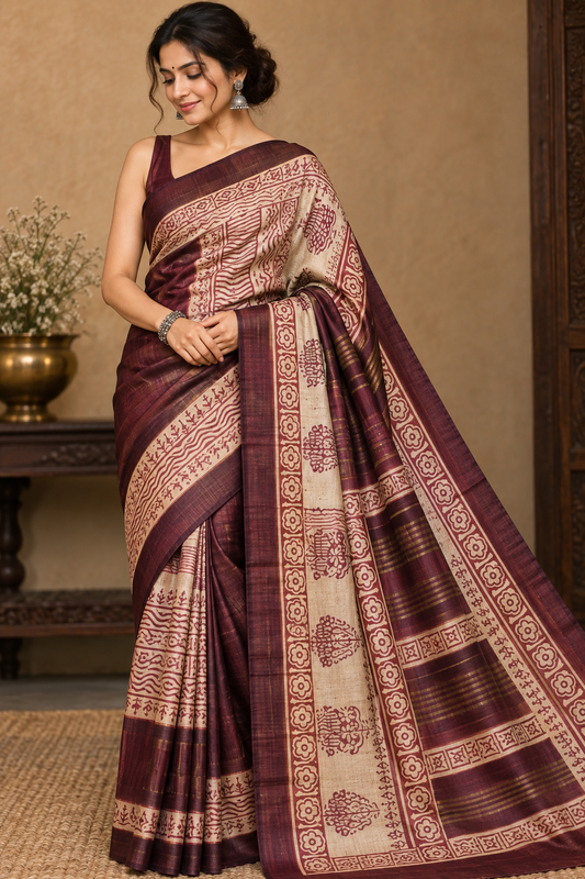 Handwoven Screenprinted Tussar Ghicha Silk Saree