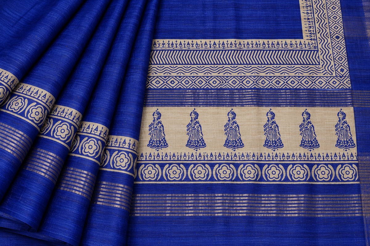 Handwoven Screeprinted Bhagalpuri Tussar Ghicha Silk Saree