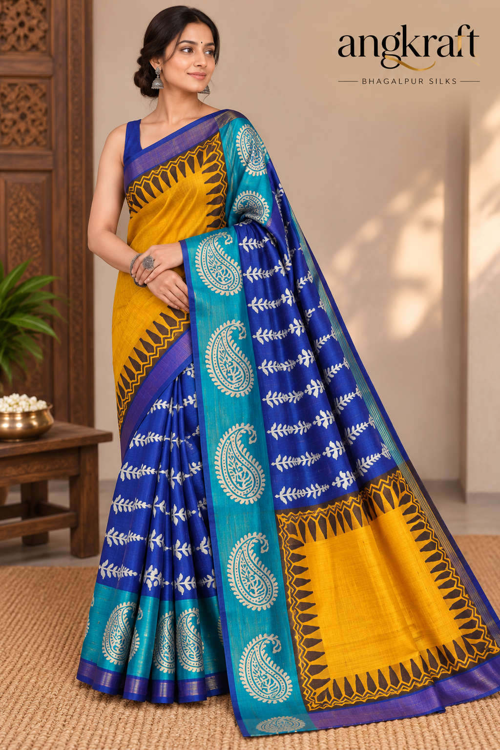 Handwoven Screenprinted Bhagalpuri Tussar Ghicha Silk Saree