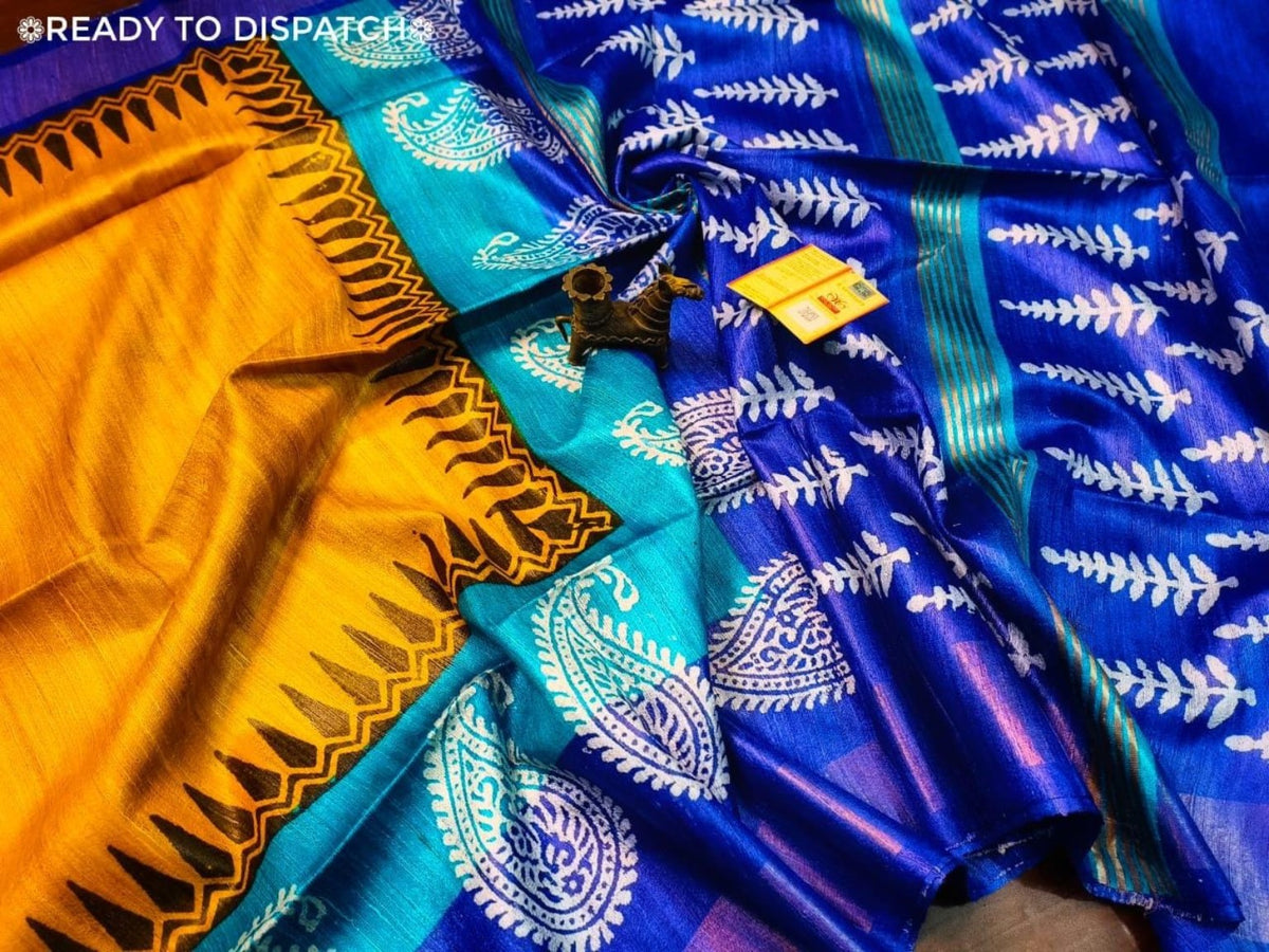 Handwoven Screenprinted Bhagalpuri Tussar Ghicha Silk Saree