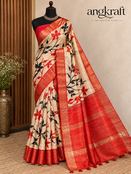 Handwoven Screenprinted Bhagalpuri Tussar Ghicha Silk Saree