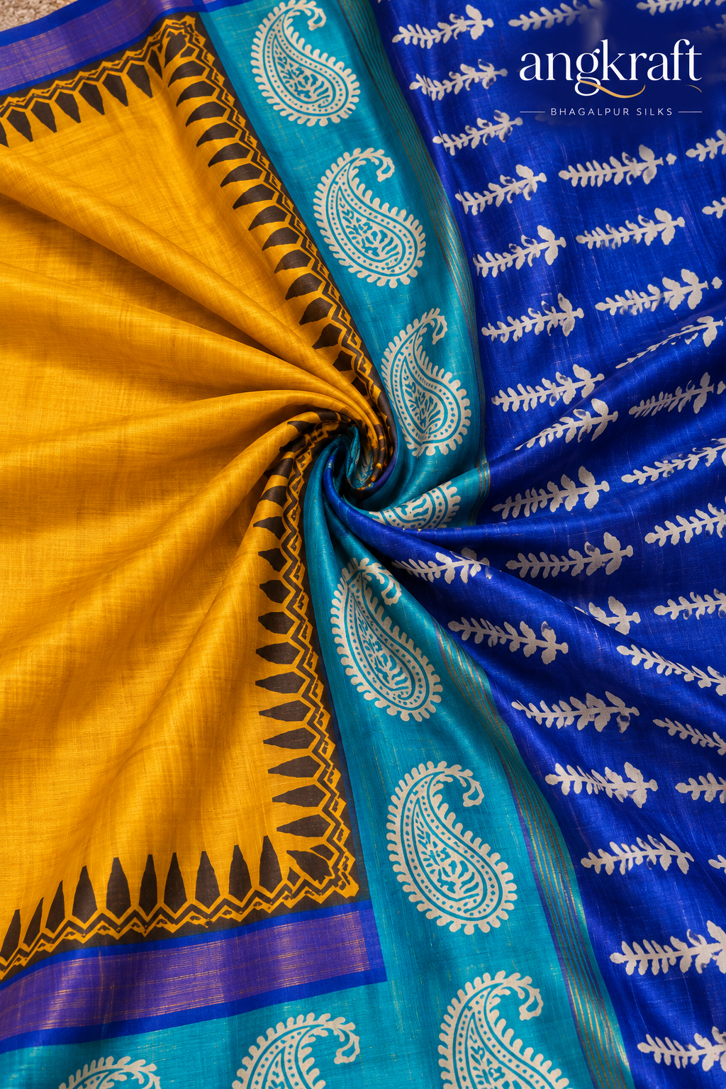 Handwoven Screenprinted Bhagalpuri Tussar Ghicha Silk Saree